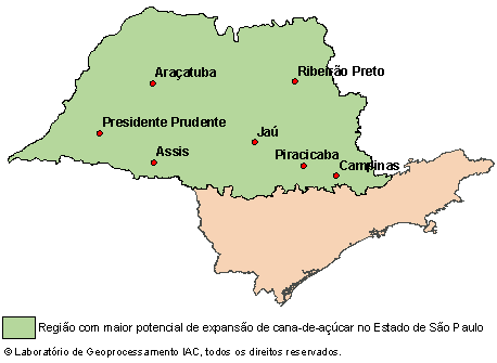 Figura 3.Mapa de ocupaçao do solo paulista com cana-de-açúcar e a textura da camada arável.